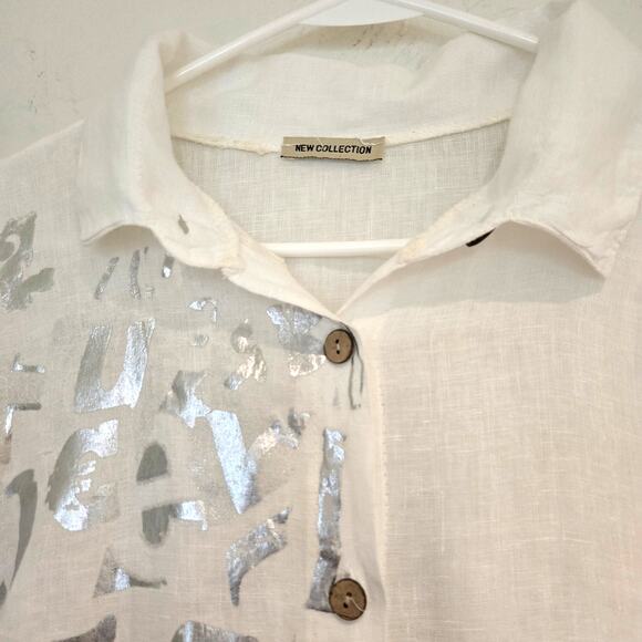 Made in Italy New Collection White Silver Graffiti Linen Button-up Shirt Dress - Picture 5 of 10